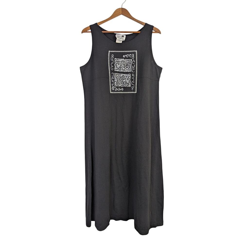 Vtg 1990s Midi Sundress Sleeveless Black Fish Graphic Copa Cabana Large Petite
